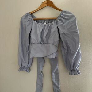 Light Blue Long Sleeve Cropped Tie Back Blouse